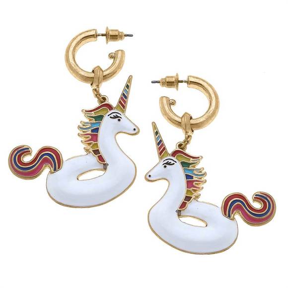 NEW CANVAS STYLE women's unicorn pool float enamel earrings in white multi - Picture 1 of 1